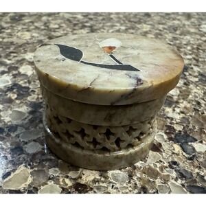 Hand Carved Stone Trinket Box Inlaid Flower Design Round Decorative Jewelry Case